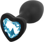 Sunfo - szilikon anál plug szív alakú kék kővel (fekete) - szexshop