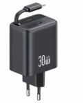 USAMS US-CC241 YC Series hálózati töltő 1xUSB-C csatlakozással és visszahúzható Type-C kábellel PD QC 30W GaN - fekete