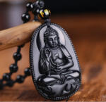  Fekete Obszidián Másolat (Üveg) (15) Buddha Budha Medál Nyaklánc Medál: 33x53mm Hossz: ~76cm