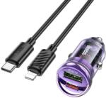 hoco. autós töltő USB A + Type C + kábel Type C to Lightning PD QC3.0 3A 30W Z53A lila