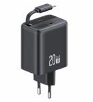USAMS US-CC233 YC Series hálózati töltő 1xUSB-C csatlakozással és visszahúzható Type-C kábellel PD QC 20W GaN - fekete