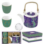 Easy Life Nuova R2S Porcelán teáskanna 600ml, fémszűrővel, 2 porcelánpohárral 160ml, dobozban, Imperial Peacock, Atmosphere (1467IMPP)