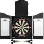  Komplett Darts csomag Mission Darts tábla, gömbölyű dróttal, sisalból, fekete kabinet, 2 szett nyíl
