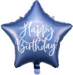 PartyDeco S. r. o Fólia lufi, csillag alakú, kék-gyöngyház , 40cm, Happy Birthday felirattal