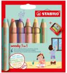 STABILO Színes ceruza készlet, kerek, vastag, STABILO "Woody 3 in 1 Pastel", 6 különböző pasztell szín (8806-3) - mystock