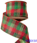  Kockás karácsonyi szalag drótos szegéllyel 63mm x 10m - Piros-Arany-Zöld