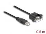 Delock USB 2.0-s A típusú bementi csatlakozós > USB 2.0-s A-típusú csatlakozóhüvely panelrögzítéssel 0, 5m kábel (85461) (85461)