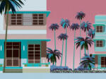  Ikonikus retro megjelenítés - Miami színes épületei pálmákkal varázsos naplementében kék rózsaszín pink és sokszínű tónus falpanel (39893-1)