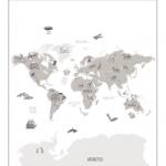 Caselio Our Planet 102039918 WORLD MAP Világtérkép felfedezőknek ikonikus állatokkal fehér szürke szürkésbézs fekete digitális falpanel (102039918)