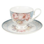 Clayre & Eef Porceláncsésze+alj 200ml, kék-rózsaszín rózsás (PECKS-2)