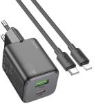 hoco. N41 hálózati töltő USB+Type-C aljzat (20W, GaN, PD gyorstöltő 3.0 + lightning kábel) FEKETE (N41_LIGHTNING_B) - bluedigital
