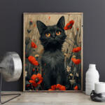 Pictorul Fericit Pisică printre maci (Cat among poppies) - Pictură pe numere Panza pictura