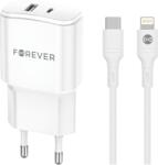 Forever Forever TC-01-20AC PD QC töltő 1x USB-C 1x USB 20W fehér + USB-C - Lightning kábel 20W