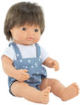 Miniland Papusa baiat caucazian 38 cm, par saten inchis, in salopeta, corp parfumat, colectia My Friends and Me (ML33209) - roua Papusa