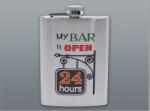 Padonio Szálcsiszolt króm színű rozsdamentes acél flaska, laposüveg 6 oz. = 1.77 dl - My Bar is Open felirattal (DM-6-4018)