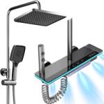  Zuhanykészlet LED világítással és digitális hőmérséklet kijelzővel, VisionHub oszlop termosztáttal és integrált áramfejlesztővel, falra rögzíthető, 4 vízáramlási funkció, állítható zuhany, fi (V-0148)