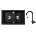 Laveo BARBADOS szemcsés fekete kétmedencés szett dugókiemelős helytakarékos szifonnal (SRBA_720T)