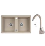 Laveo BARBADOS bézs kétmedencés szett dugókiemelős helytakarékos szifonnal (SRBA_420T)