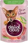 Delickcious DELICKCIOUS, Bucati de carne de miel, file de pui si fasole verde in jeleu, pentru pisici, 85g