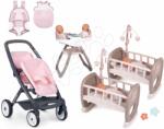 Smoby Set cărucior și legăne pentru păpuși gemene Powder Pink Maxi Cosi&Quinny Smoby cu carusel și scaun de masă cu sac de dormit și marsupiu (SM253217-3)