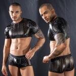 STD Set Lenjerie 2 Piese, Wetlook, Model Perforat, Negru, S/M