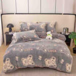 Jojo Home Lenjerie de pat dublu cocolino, 4 piese cu elastic, gri cu ursuleti-A957 (A957) Lenjerie de pat