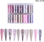Everin Set 10 Folii Transfer Unghii Elegant Mix XKZ-62 | Nail Art Profesional 100×4 cm (XKZ-62)