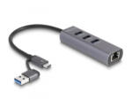 Delock 3 portos USB 5 Gbps Hub + Gigabit LAN USB Type-C csatlakozóval vagy A-típusú USB csatlakozóval fém vázban (64282) (64282)