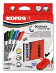 Kores Tábla- és flipchart marker készlet mágneses táblatörlő szivaccsal, 3-5 mm, vágott, KORES, 4 különböző szín - oneclick