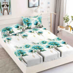 Jojo Home Husa de pat cu elastic alba cu flori albastre 180x200cm D085 (D085)