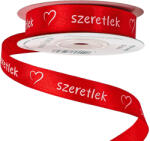Valex Decor Szeretlek" feliratos, szívecskés szatén szalag 16mm x 20m - Piros (HM16-03)