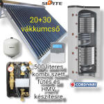 Cordivari Napkollektor rendszer fűtés és HMV készítésre: 50 csöves kollektor + 3 hőcserélős 500 literes Cordivari puffertároló + nagy teljesítményű szivattyú állomás + vezérlés + tágulási tartály (SZETT_500_ECO