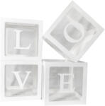 Flippy Set 4 Cutii pentru Baloane, Flippy, Model Scris Love, Tematica Iubire, Cuburi Decorative din Plastic, Accesorii pentru Petrecere, 30 x30 cm, Transparente Contur Alb (teo-130376)