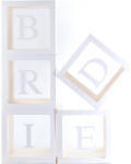 Flippy Set 5 Cutii pentru Baloane, Flippy, Model Scris Bride, Tematica Nunta, Cuburi Decorative din Plastic, Accesorii pentru Petrecere, 30 x30 cm, Transparente Contur Alb (teo-130379)