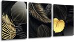 Impresi Tablou Gold and black flowers abstract - 150 x 70 cm (3-piese)