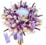 Eventissimi® Buchet mediu personalizabil cu trandafiri criogenati si flori naturale uscate alb- mov (BF-199)