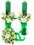 Eventissimi® Set Lumanari si buchet pentru nunta, alb-verde, personalizabile cu nume si data, Plante Uscate , Bumbac, Aranjament Frontal - Eventissimi (SET-080)