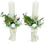 Eventissimi® Set lumanari personalizabile, pentru cununie religioasa cu aranjament frontal cu trandafir criogenat si plante naturale uscate, 40 cm (Alb verde) (SET-047)