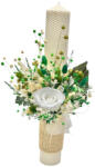 Eventissimi® Lumanare personalizabila, alb-verde, pentru nunta sau botez cu aranjament frontal cu trandafir criogenat si plante naturale uscate, 42 cm (LN-049)