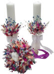 Eventissimi® Set buchet si lumanari cu flori de bumbac si plante naturale uscate, lumanari parafina - Multicolor (SET-066)