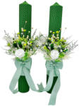 Eventissimi® Set lumanari fagure, cu aranjament alb-verde, pentru cununie 42 cm, cu flori criogenate si plante naturale uscate (personalizabil cromatic si cu text) (SET-081)