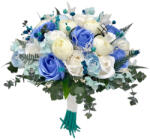 Eventissimi® Buchet cu trandafiri din foita de sapun si bujori din matase, alb-albastru, 37 flori, personalizabil, rezistent pana la 10 ani (BF-183)