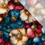 Takoy Enyhén elasztikus műselyem / silky anyag arany-kék virágok