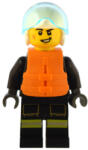 LEGO® Minifigurák Fire - Male, Black Jacket and Legs with Reflective Stripes and Red Collar, White Helmet, Trans-Light cty1549 (cty1549)