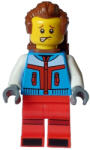 LEGO® Minifigurák Turista - férfi, sötétkék kabát, vörös lábak sötétvörös csíkokkal a térdeken, vörösesbarna sűrű haj, hol330 (hol330)