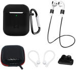 Hurtel Szilikon tok készlet AirPods 2-hez / AirPods 1 + tok / fülkampó / nyakszíj / óraszíj tartó / karabiner - fekete