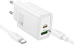 hoco. hálózati töltő USB A + Type C + kábel Type C - Type C PD QC3.0 3A 20W N61 fehér