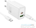 hoco. wall charger USB A + Type C + cable Type C to Type C PD QC3.0 3A 30W N63 white