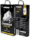 MOONX MC02 2XUSB-A 12W, 2, 4A Hálózati töltő, (+C-Type kábel), fehér