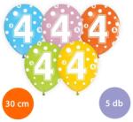  Évszámos 4. pöttyös gumi lufi 30 cm-es 5 db-os csomag vegyes színekkel (M141894)